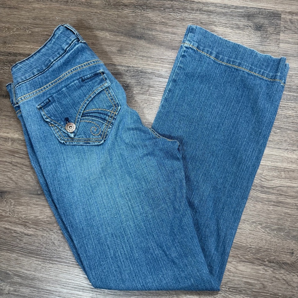 L.E.I Sophia Flare Jeans Low Rise Y2K Stretch Bootcut Denim 14
